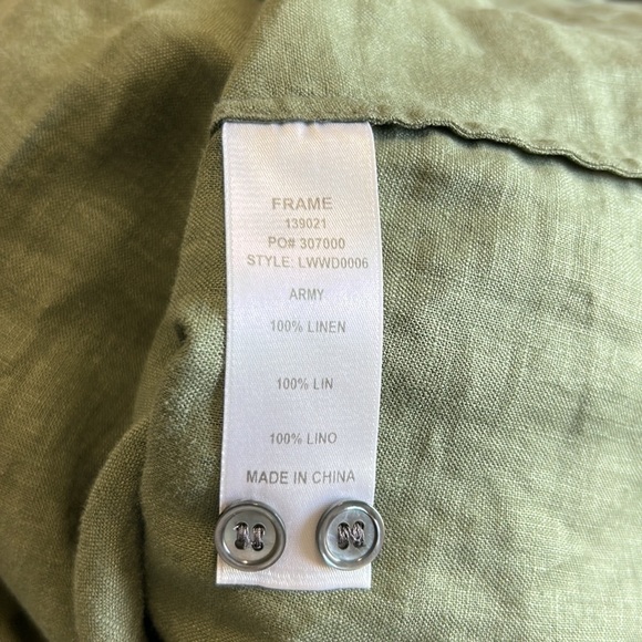 FRAME DENIM Linen Off the Shoulder Dress Olive Green Tie Waist Sz XS - Picture 11 of 12